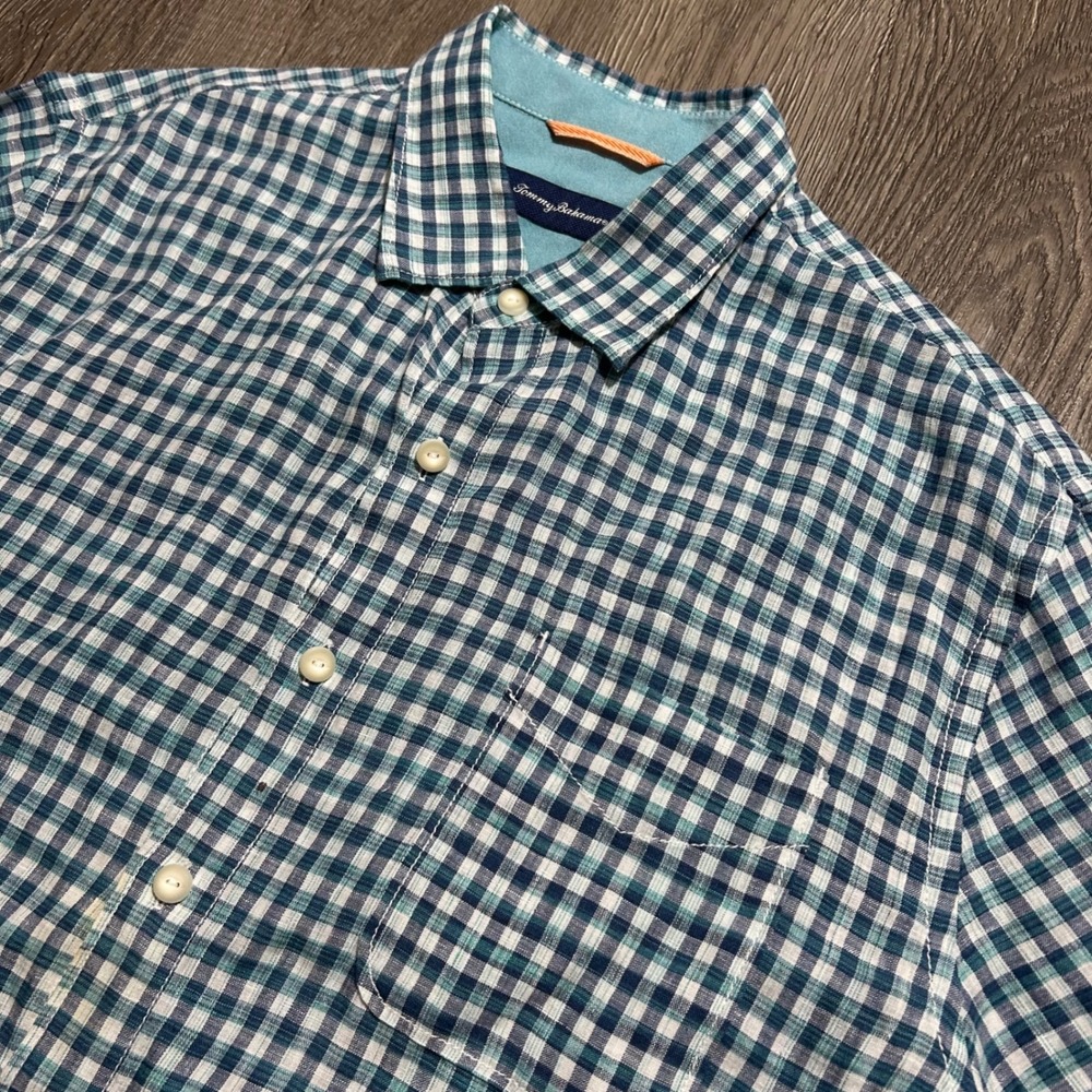 Tommy Bahama Button Down Shirt Large Teal Gingham Check 100% Linen Short Sleeve